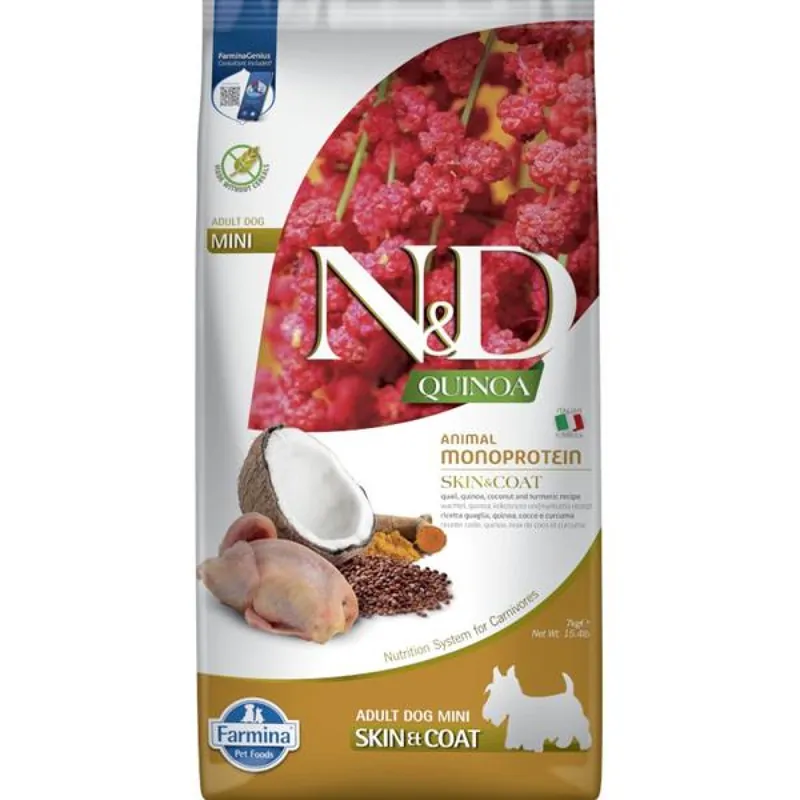 N&D QUINOA Dog GF Skin & Coat, Quail & Coconut Adult Mini 7 kg Fabrieksprijs