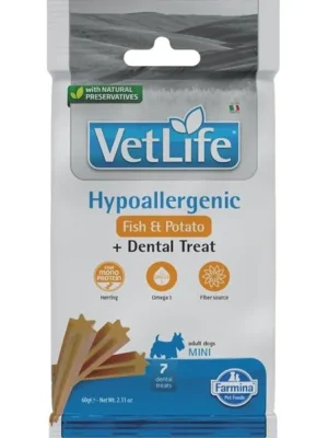 Beperkt Aanbod Vet Life Dog Dental Snack Hypoallergenic Fish Adult Mini 60 g