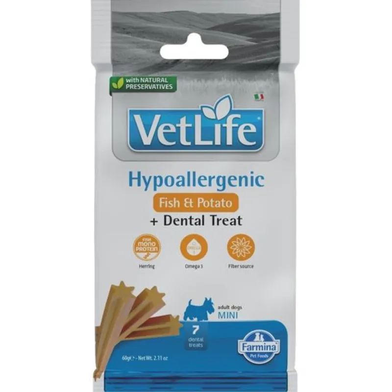 Beperkt Aanbod Vet Life Dog Dental Snack Hypoallergenic Fish Adult Mini 60 g