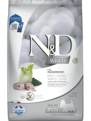 N&D WHITE Dog GF Sea Bass, Spirulina & Fennel Adult Mini 5 kg Express Levering