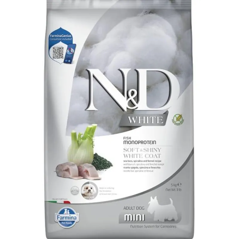 N&D WHITE Dog GF Sea Bass, Spirulina & Fennel Adult Mini 5 kg Express Levering