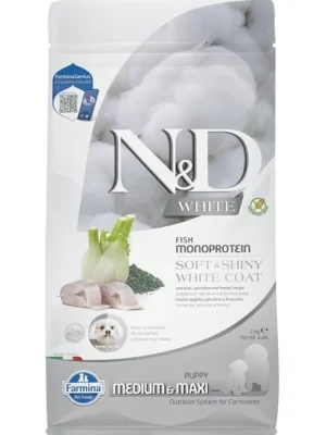 N&D WHITE Dog GF Sea Bass, Spirulina & Fennel Puppy Medium & Maxi 2 kg Direct Beschikbaar