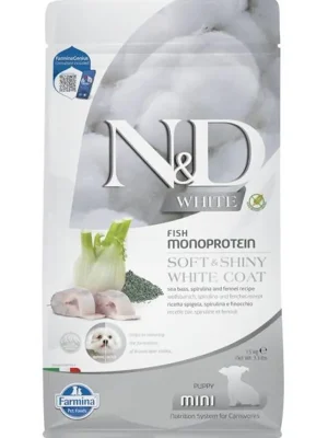 Hete Deal N&D WHITE Dog GF Sea Bass, Spirulina & Fennel Puppy Mini 1,5 kg