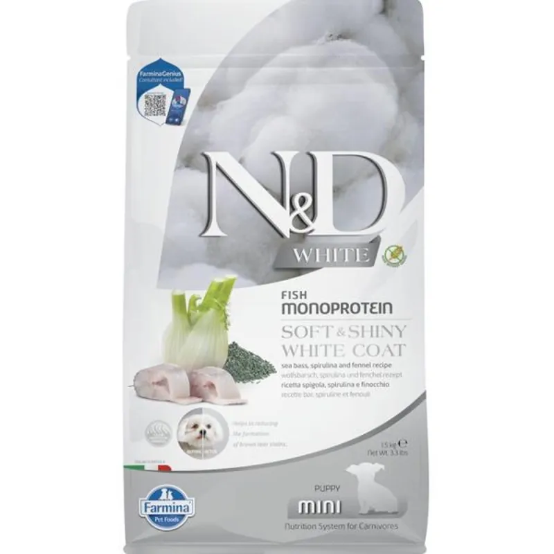 Hete Deal N&D WHITE Dog GF Sea Bass, Spirulina & Fennel Puppy Mini 1,5 kg
