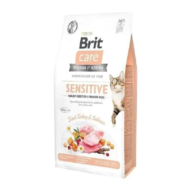 Brit Care Cat Sensitive 7 kg Bezobilné krmivo pro citlivé trávení Krůta & losos UPejska.cz Direct Verzonden