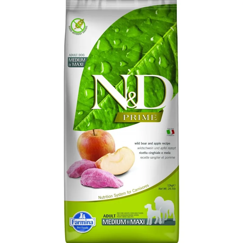 Premium N&D Prime Dog Adult M/L Boar & Apple 12 kg – Bezobilné krmivo s divočákem a jablkem UPejska.cz