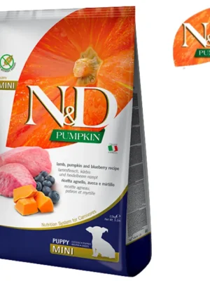 Uitverkoop N&D PUMPKIN Dog Puppy Mini Lamb & Blueberry (jehněčí, dýně a borůvky)