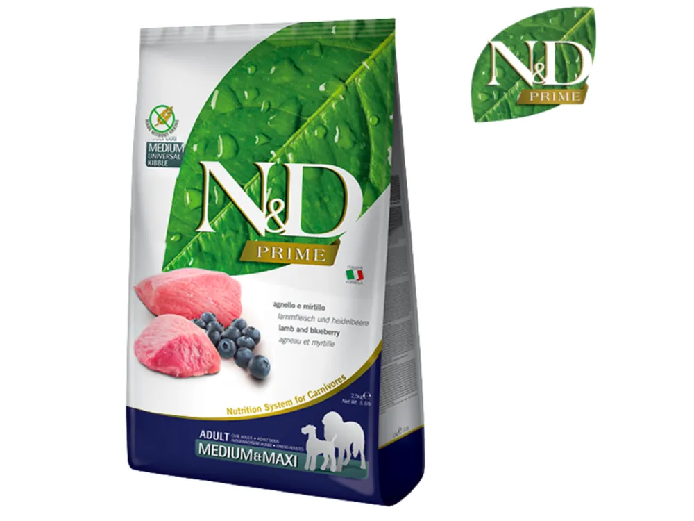 Rechtstreeks Van De Fabrikant N&D PRIME Dog Adult Medium/Maxi Lamb & Blueberry (jehně a borůvky)