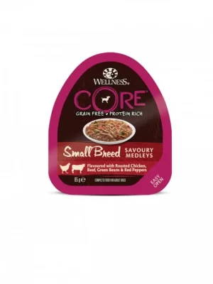 Beste Prijs Wellness CORE Small Breed Savoury Medleys Flavoured with Roasted Chicken, Beef, Green Beans & Red Peppers 85g