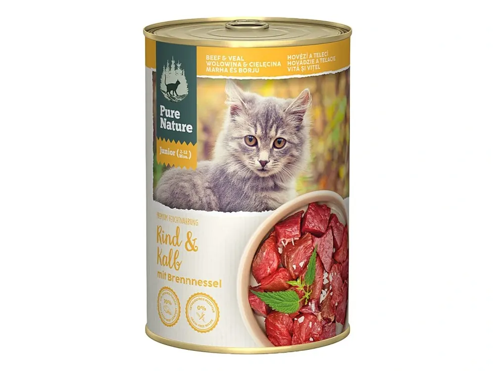 Weekendaanbieding Pure Nature Cat Junior konzerva Hovězí a Telecí s kopřivou 400g