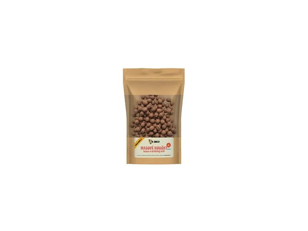 Bestel Nu DINGO masové kuličky losos a arktický krill 12mm/150g