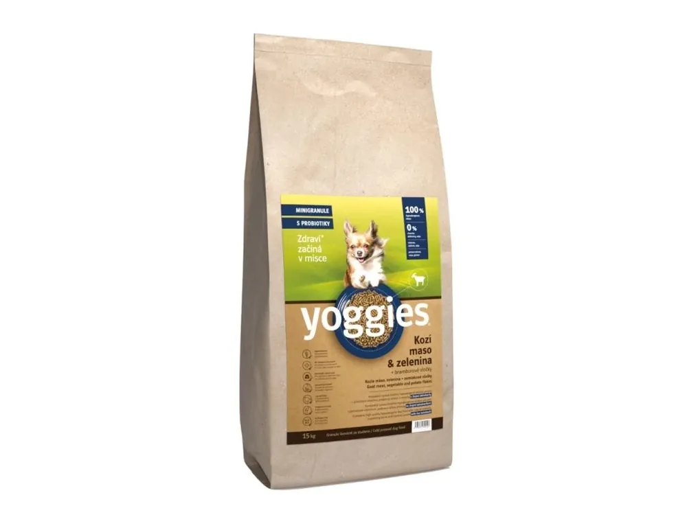 Tijdelijk Beschikbaar 15kg Yoggies Kozí maso&zelenina, hypoalergenní minigranule lisované za studena s probiotiky + dárek zdarma