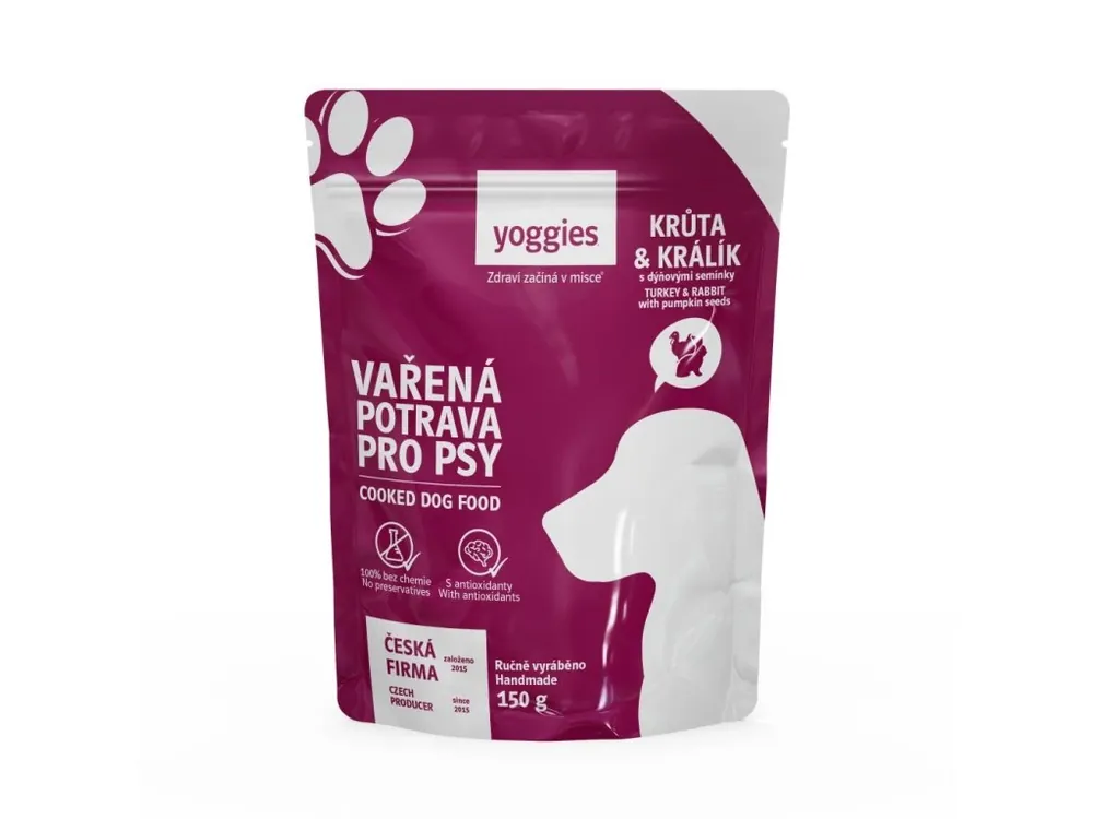 Alleen Vandaag 150g Yoggies Vařená potrava pro psy – krůtí a králičí maso s dýňovými semínky