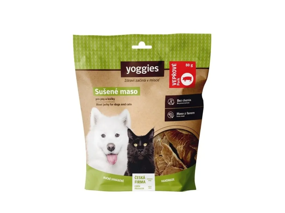 Beste Prijs Yoggies Sušené vepřové maso pro psy a kočky 80g