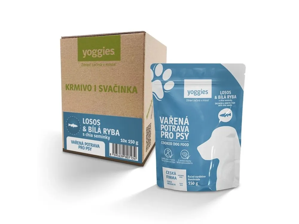 10x150g Yoggies Vařená potrava pro psy – losos a bílá ryba s chia semínky (krabice) Nieuw