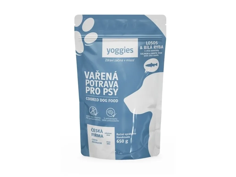 650g Yoggies Vařená potrava pro psy – losos a bílá ryba s chia semínky Weekendaanbieding