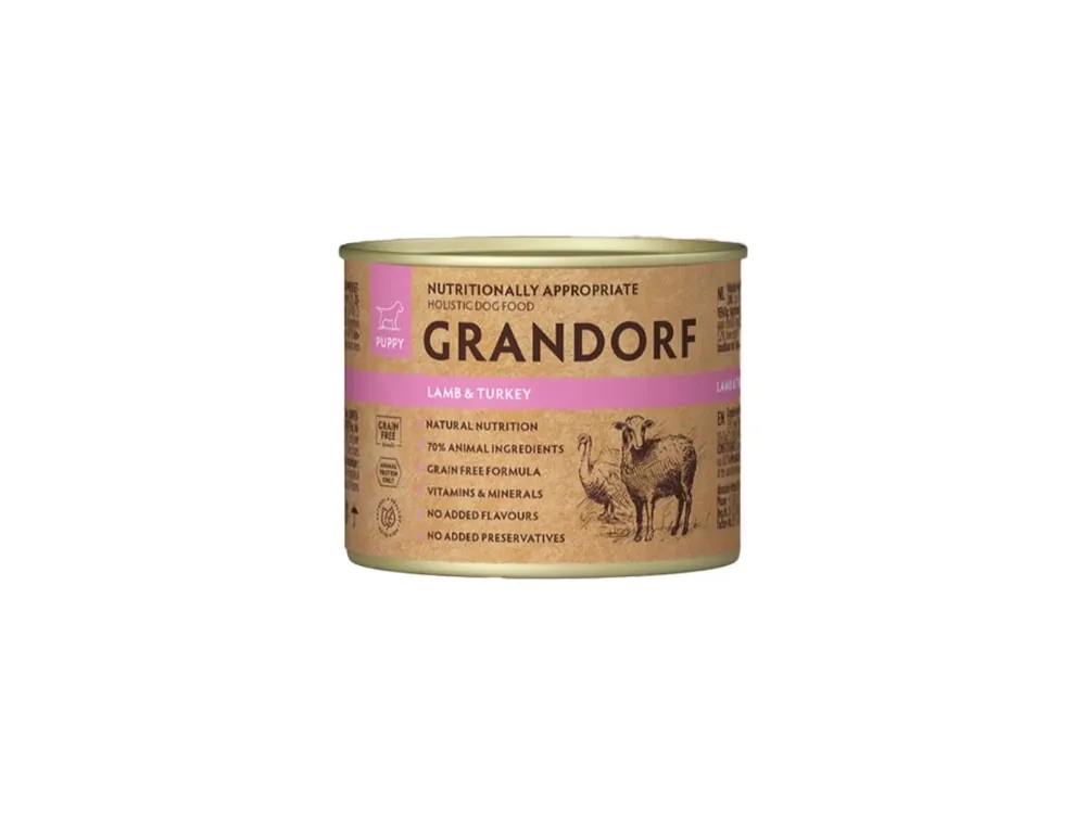 Gratis Retour Grandorf konzerva pro psy Puppy Jehně a krocan 200g