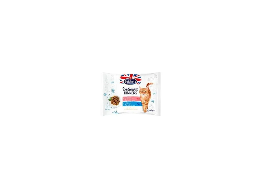 Butcher‘s Cat Delic.Dinners losos/pstruh kapsa 4x100g exp Finale Uitverkoop