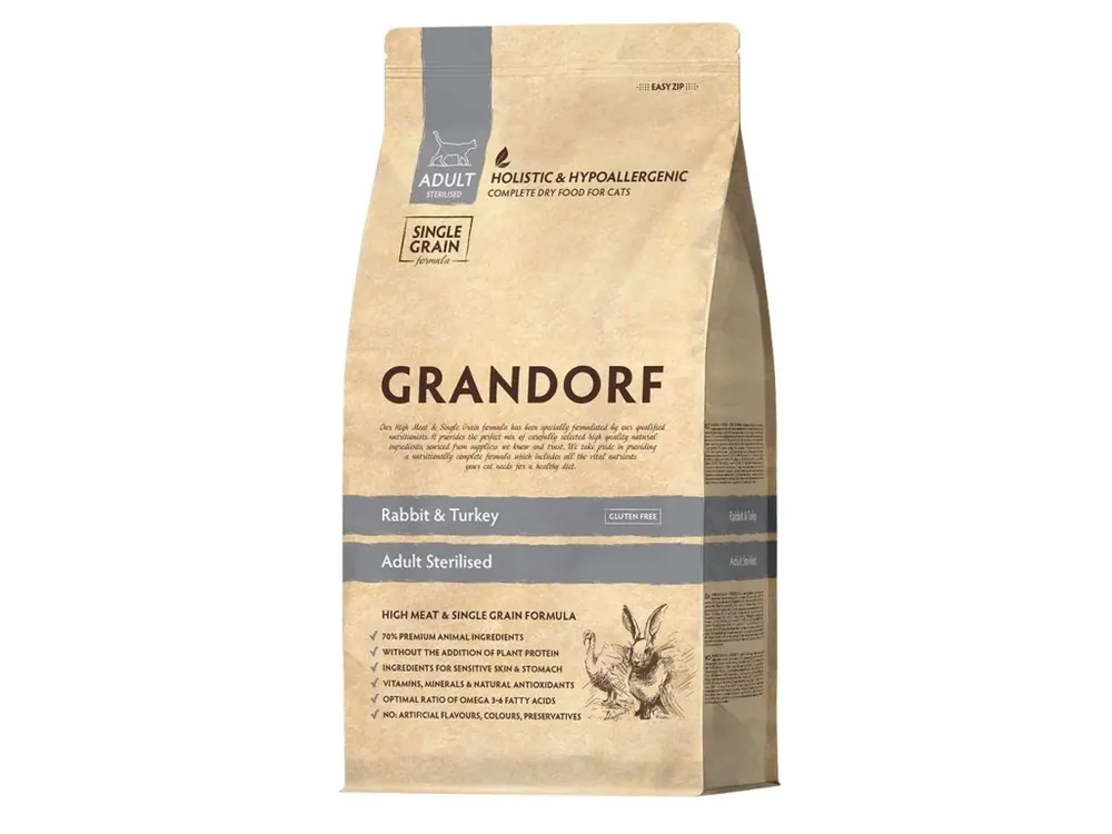Gratis Retour Grandorf granule pro kočky Adult Sterilised - Králík a krocan 2kg