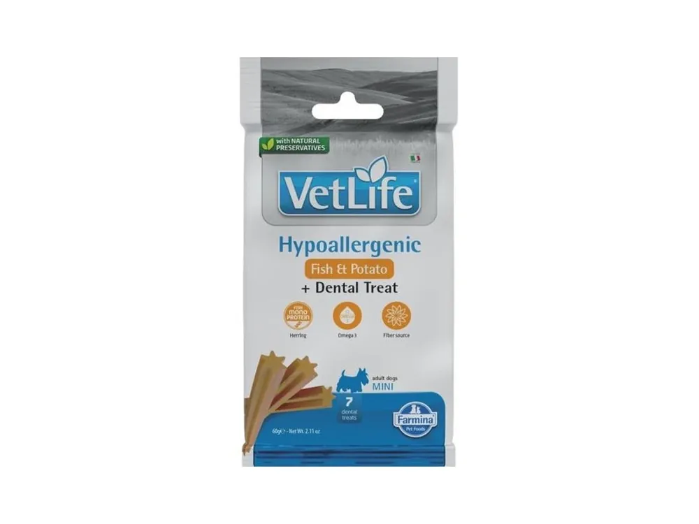 Vet Life Dog Dental Snack Hypoallergenic Fish Adult Mini 60 g Flitsaanbieding