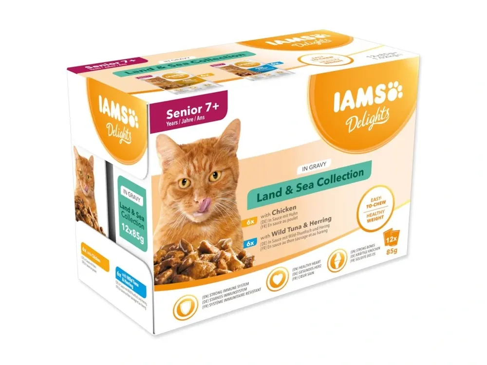 Flitsaanbieding IAMS Kapsička Cat Delights Senior mořské a suchozemské maso v omáčce 1020g (12x85g)