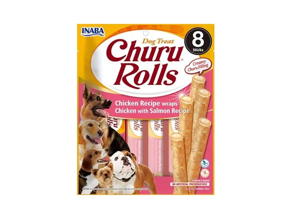 Weekendaanbieding Inaba Churu Rolls dog snack kuře a losos 8x 12g