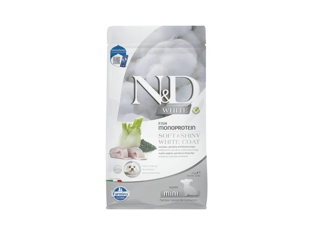 Bestel Nu N&D WHITE Dog GF Sea Bass, Spirulina & Fennel Puppy Mini 1,5 kg