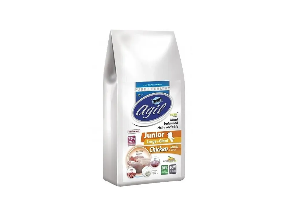 Koop Online Agil Junior Large & Giant Low Grain Chicken & Lamb & Tuna & Joghurt 10kg