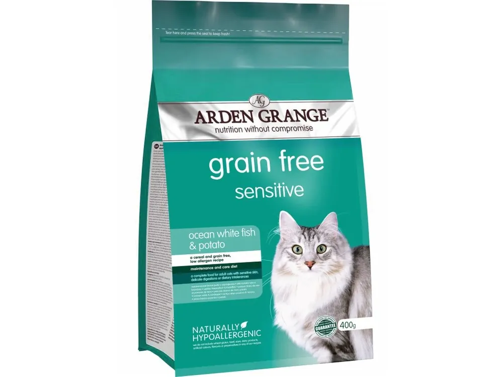 Tijdelijk Beschikbaar Arden Grange GF Cat Adult sensitive Ocean White Fish & Potato 400g